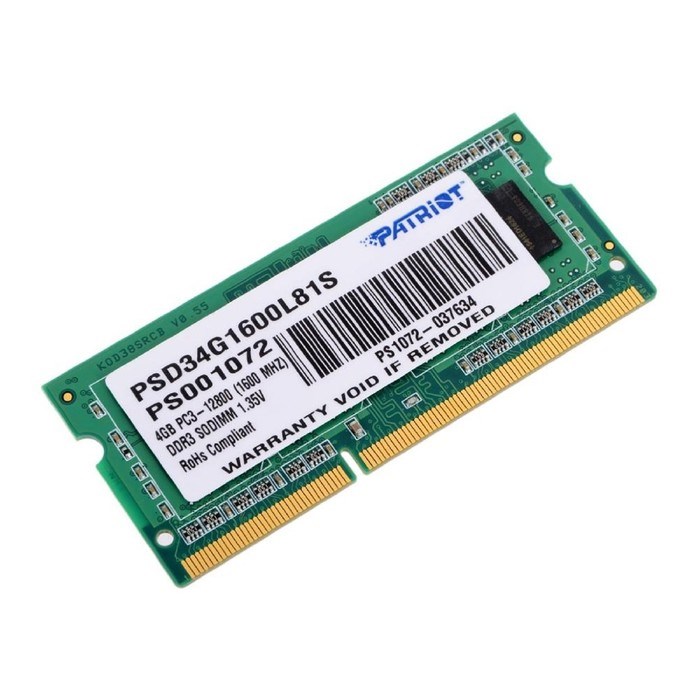 Память DDR3L Patriot PSD34G1600L81S, 4Гб, PC3-12800, 1600 МГц, SO-DIMM - фото 51368111